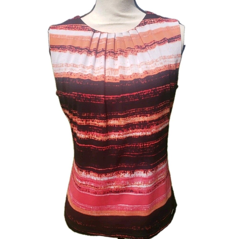 Calvin Klein Women's Sz S Blouse Sleeveless Striped Pleated Pink Orange Black